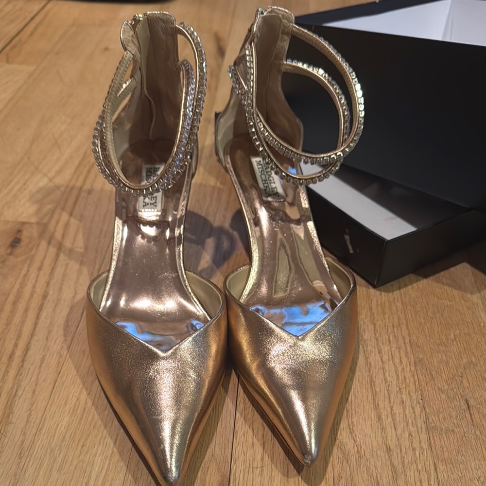 Badgley Mischka Gold Heels with Ankle Strap and Crystal Embellishments